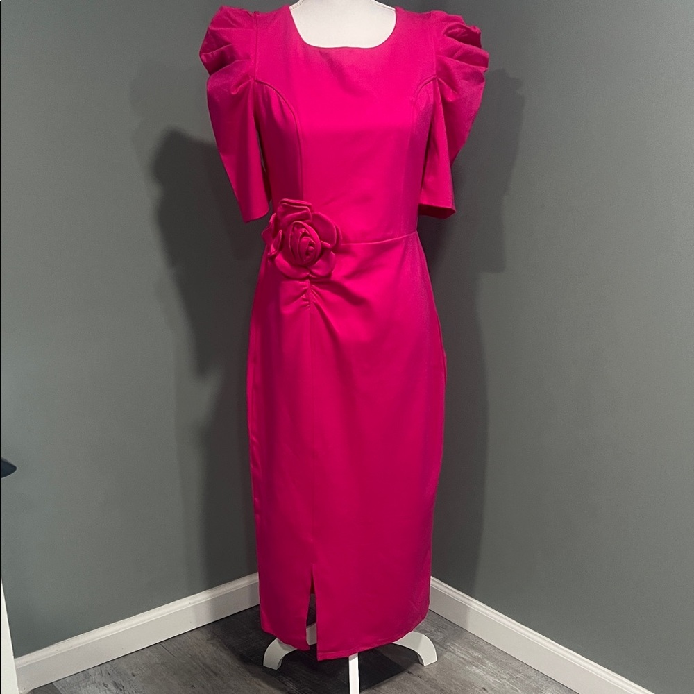 Sculpted Puff-Sleeve Midi Dress in Bright Fuchsia